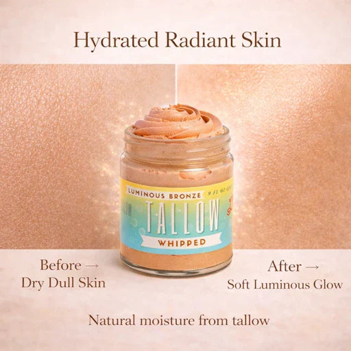 Lady May Tallow luminous bronze whipped tallow moisturizer body cream with a radiant glow, 9 oz jar, smooth and rich in texture.