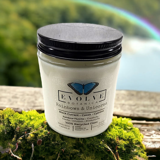Classic 9oz Jam Jar Crystal Soy Candle - Rainbows & Unicorns (Fluorite)