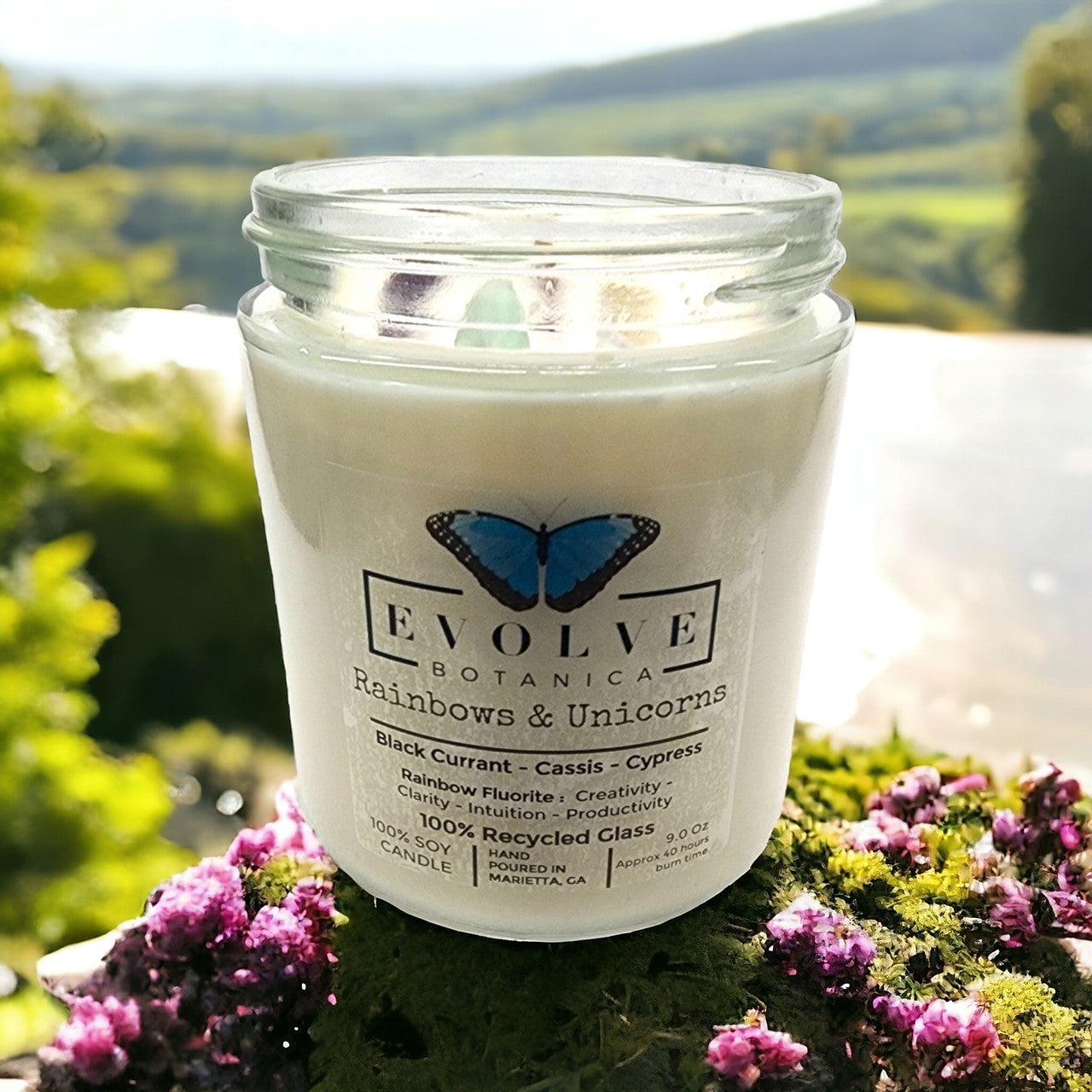 Classic 9oz Jam Jar Crystal Soy Candle - Rainbows & Unicorns (Fluorite)