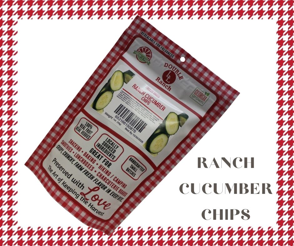 Freeze dried Ranch Cucumber Chips by Double L Ranch, showing crisp, fresh cucumber slices with ranch seasoning on a white plate.