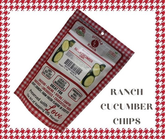 Freeze dried Ranch Cucumber Chips by Double L Ranch, showing crisp, fresh cucumber slices with ranch seasoning on a white plate.
