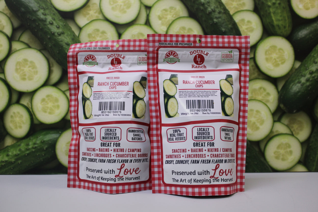 Freeze-dried Ranch Cucumber Chips by Double L Ranch, crispy cucumber slices with ranch seasoning, in a clear bowl.
