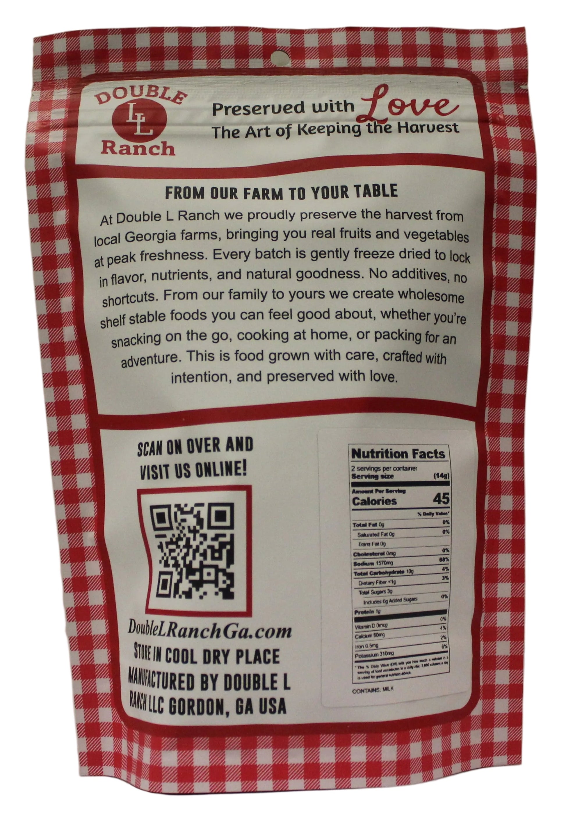Back view of Double L Ranch freeze-dried cucumber chips in a clear bag, showing the vibrant green slices and product label.