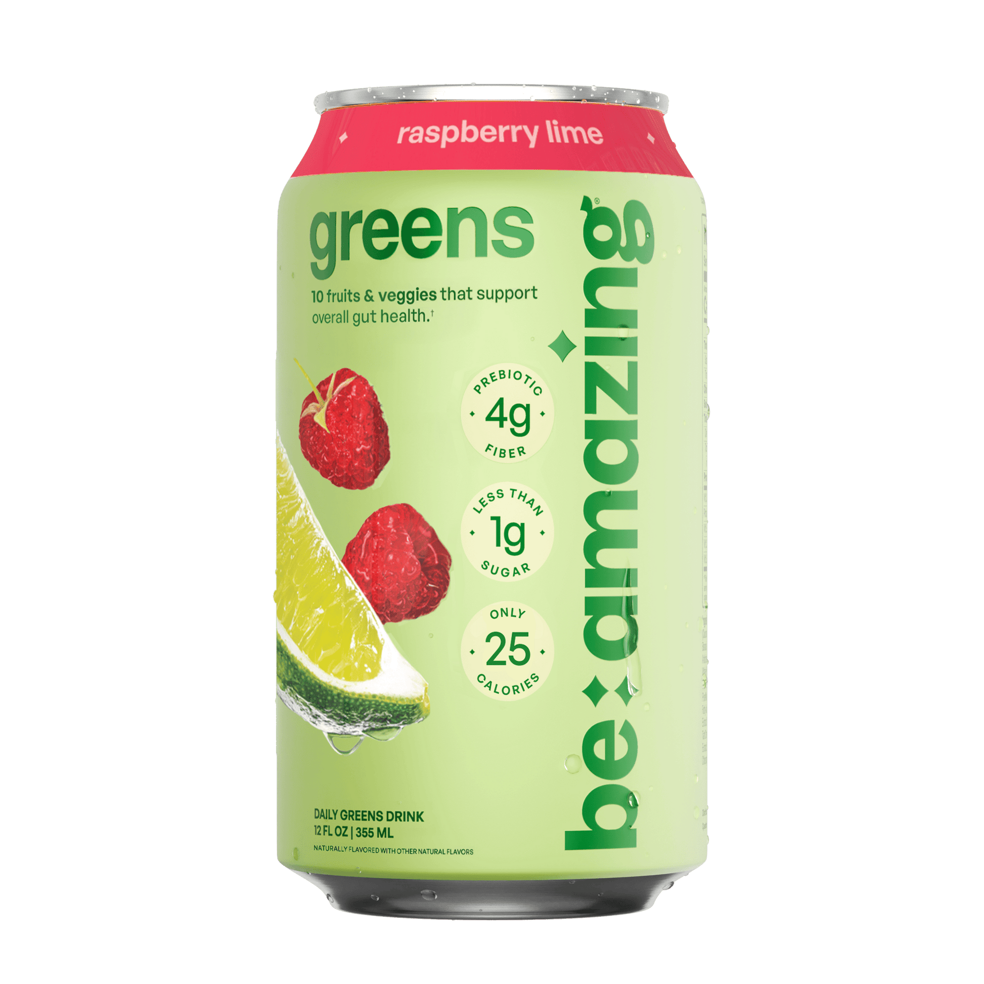 Be Amazing Daily Greens Drink in Raspberry Lime flavor, ready-to-drink beverage with fresh raspberry and lime slices.