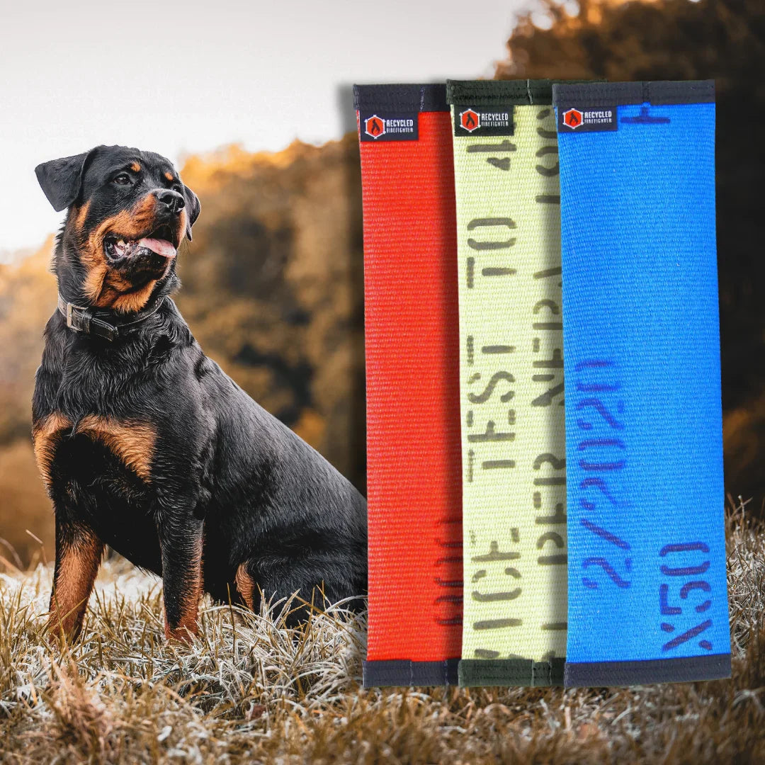 Recycled Firefighter dog fetch toy made from recycled fire hose, durable and flexible for outdoor play with dogs.