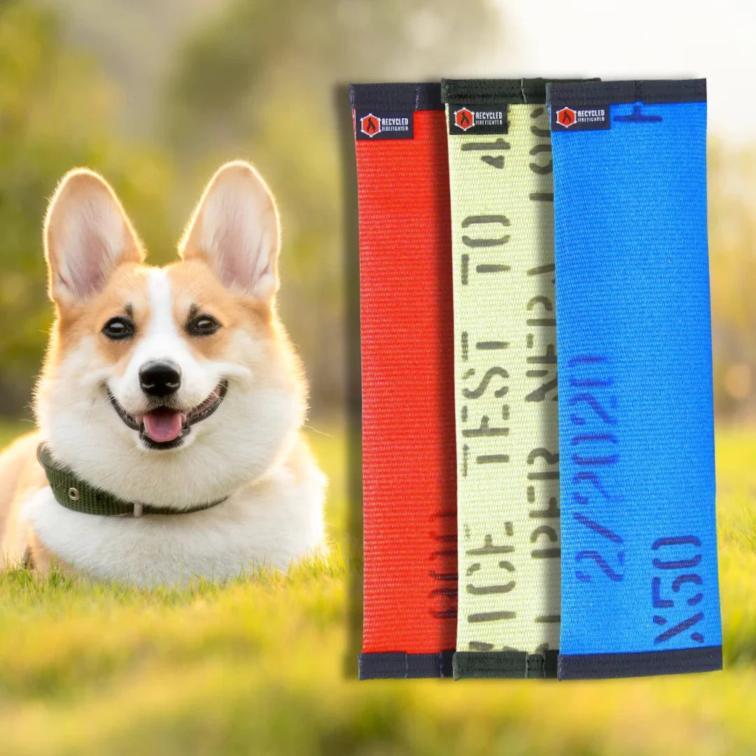 Recycled Firefighter recycled fire hose dog fetch toy in regular size, durable and colorful for outdoor play.