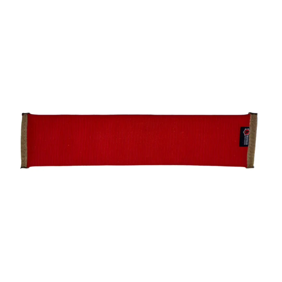 Recycled Firefighter red and black fire hose dog fetch toy for dogs, durable and eco-friendly pet play accessory.