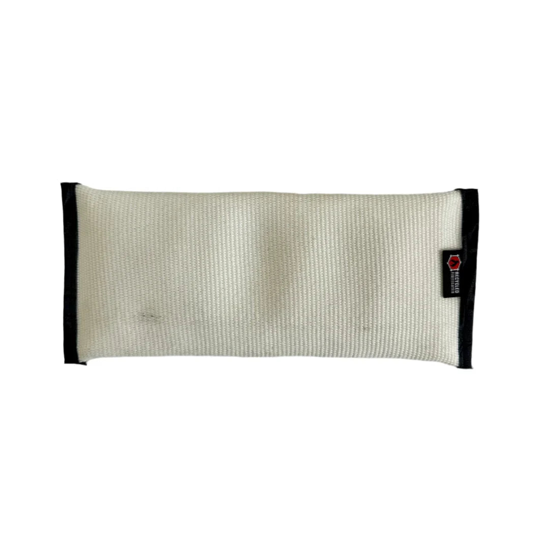 Recycled Firefighter fire hose dog fetch toy in white, durable and eco-friendly dog toy made from recycled fire hose material.
