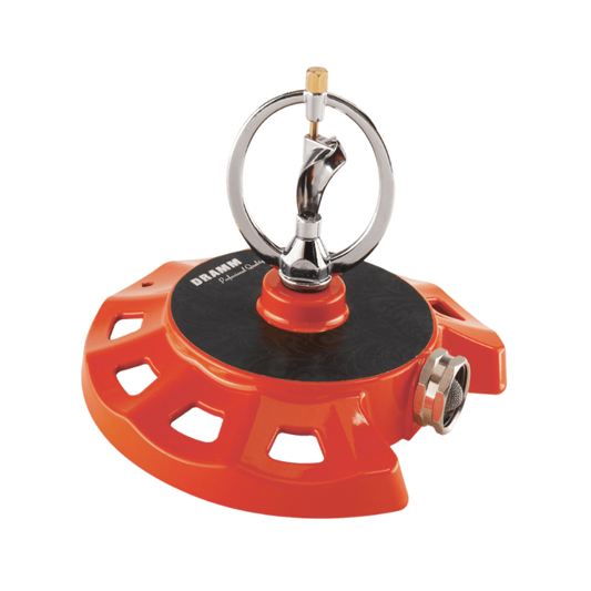 Red Dramm ColorStorm spinning sprinkler for watering lawns and gardens, designed by Rivendell Distribution.