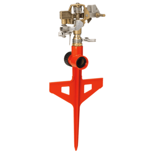 Red Dramm ColorStorm Impulse Circular Stake Sprinkler for garden watering, with adjustable spray pattern and stake for easy installation.