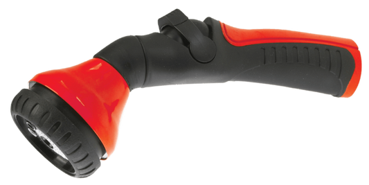 Red Dramm One Touch Shower and Stream tool for garden watering, featuring a red handle and adjustable spray settings.