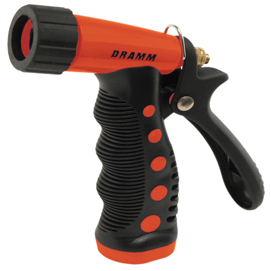 Red Dramm High Power Spray Pistol from Rivendell Distribution with ergonomic handle and adjustable spray nozzle for garden watering.