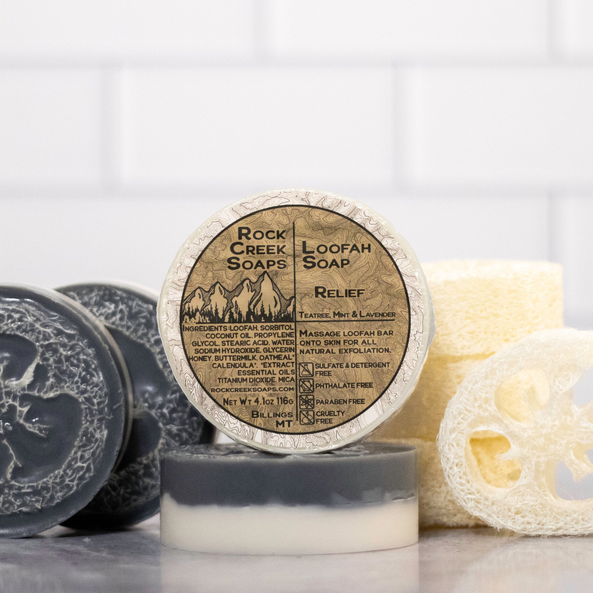 Rock Creek Soaps Relief loofah soap bar with exfoliating loofah for gentle skin cleansing and refreshing skincare.