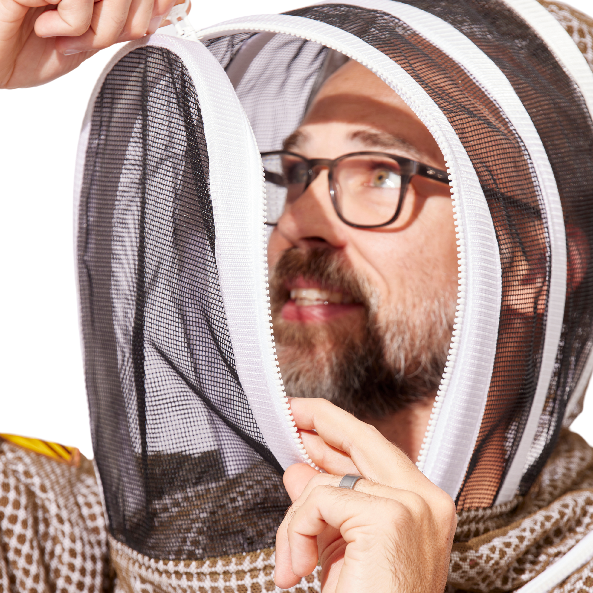 Olive green round fencing beekeeping veil with mesh ventilation by Foxhound Bee Company, protective headgear for beekeepers.