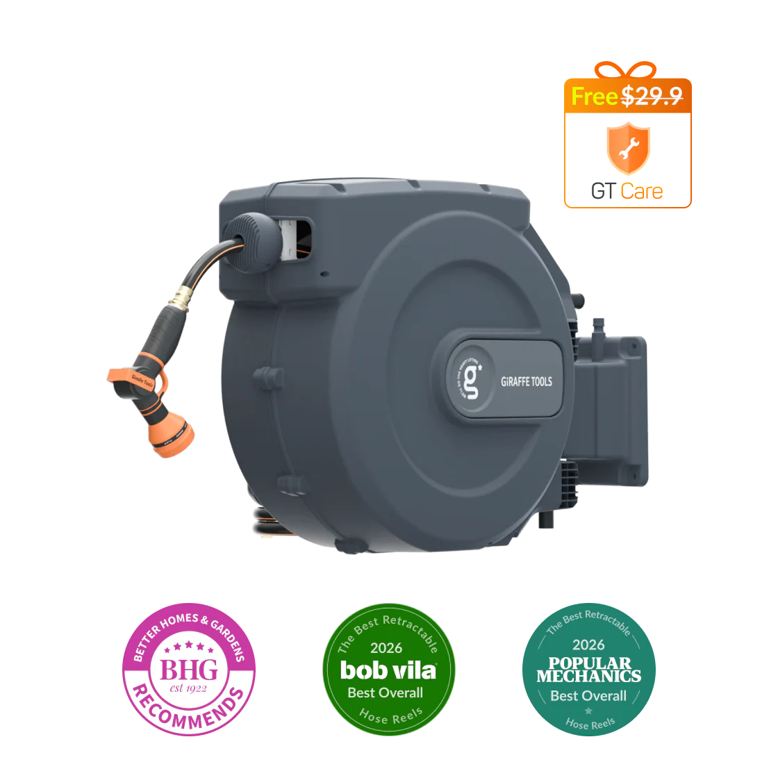 Giraffe Tools US retractable garden hose reel with 5/8 inch, 115 ft length, mounted for easy watering and storage