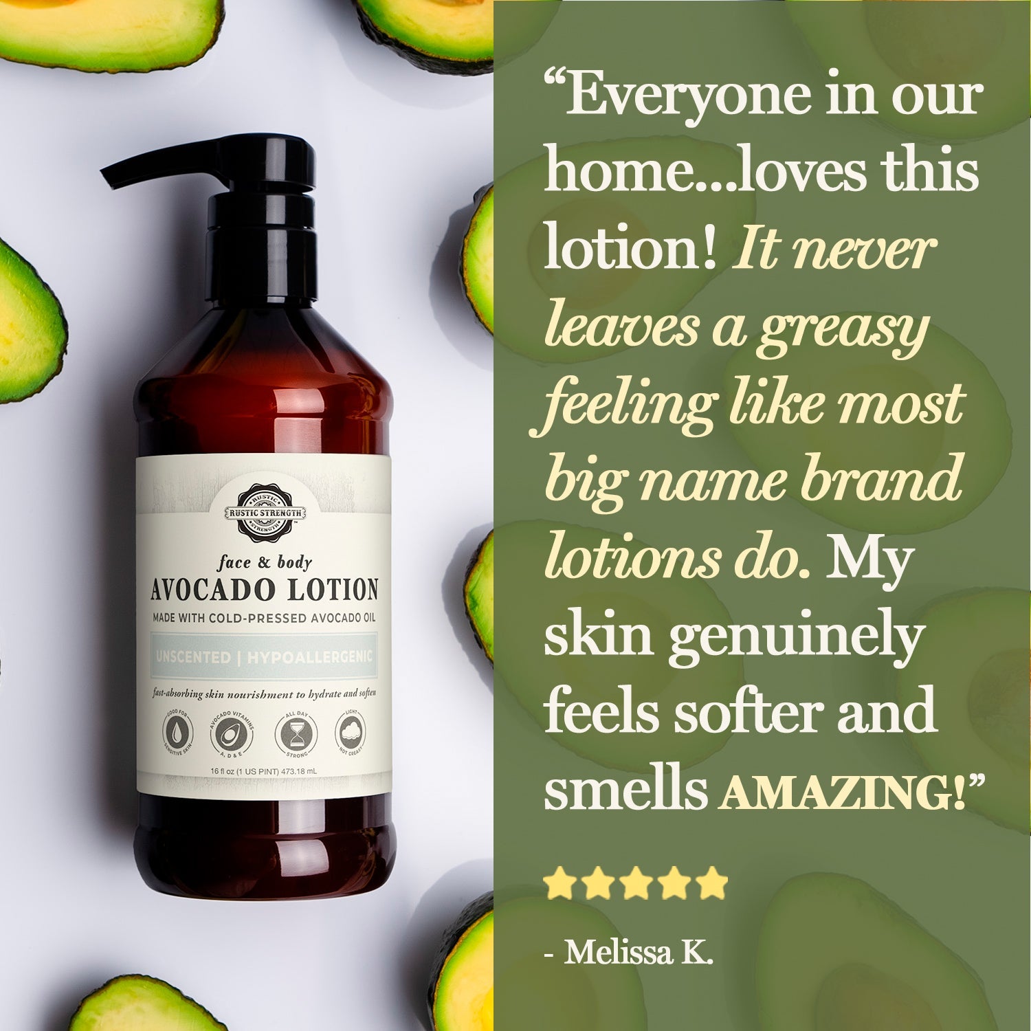 A bottle of Rustic Strength’s Avocado Lotion | Mama + Baby Safe rests on a light surface with avocado slices. Beside it, a customer review praises its non-greasy feel, pleasant scent, and skin-softening results.