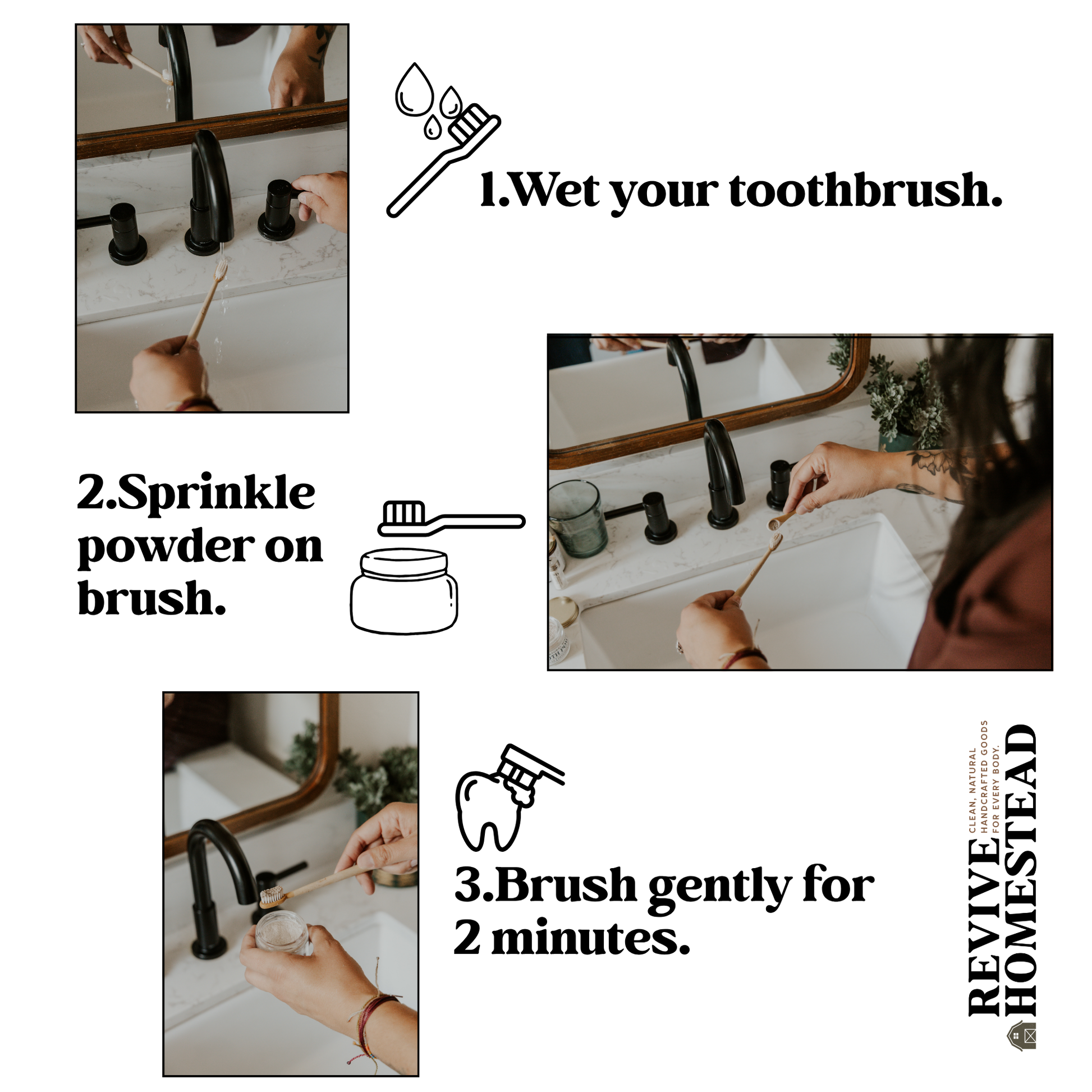 Revive Homestead remineralizing tooth powder with hydroxyapatite and xylitol, shown in a jar with a toothbrush for dental care.