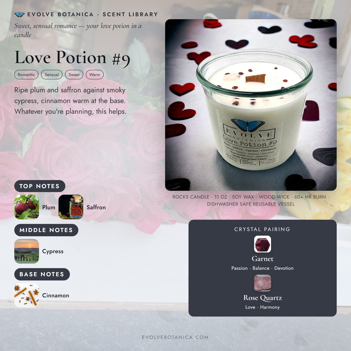 Evolve Botanica Rocks Candle Love Potion #9 with garnet and rose quartz gemstones, soy wax, and wood wick for a calming ambiance.