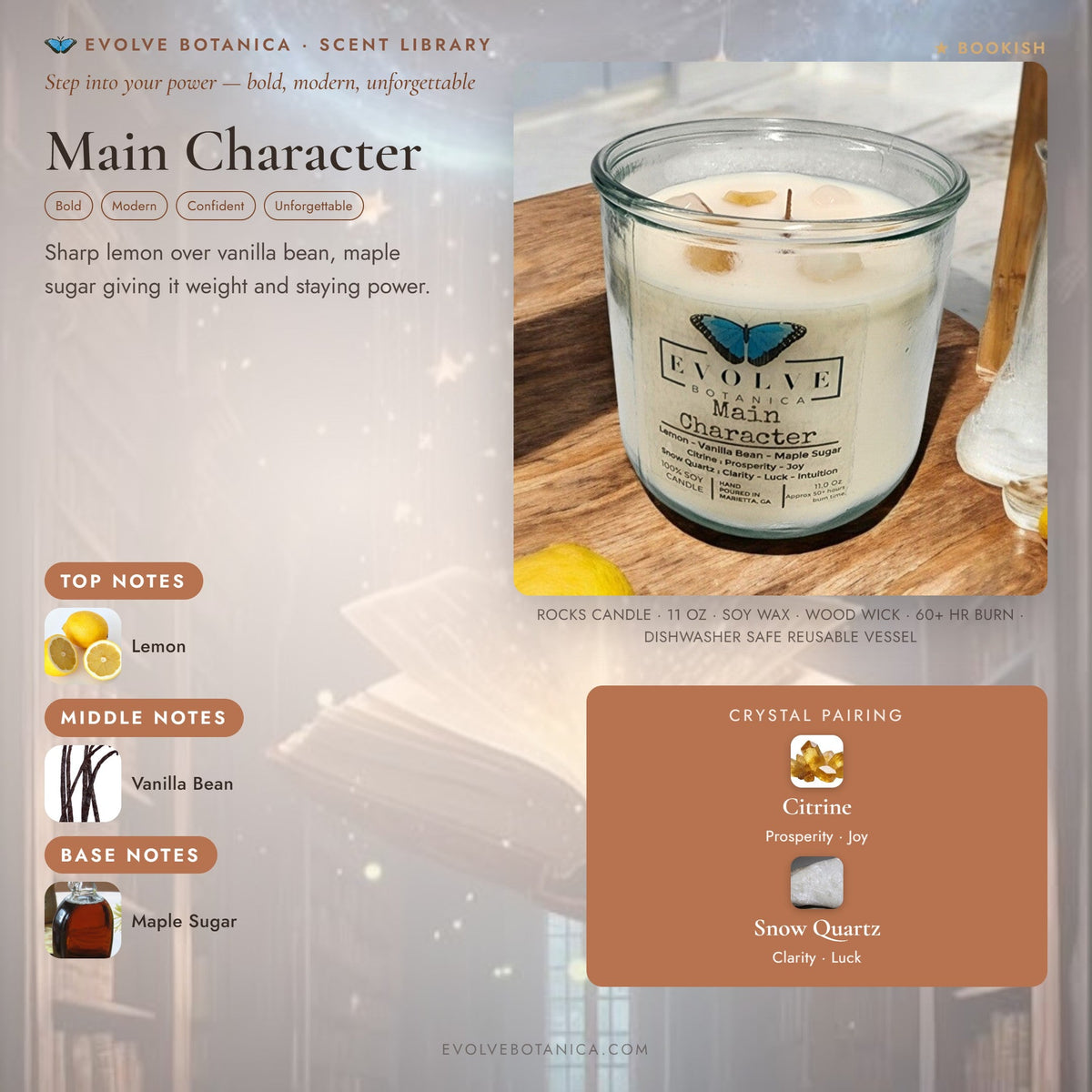 Evolve Botanica Rocks Candle featuring main character with wood wick, citrine, and snow quartz gemstones in a soy candle.