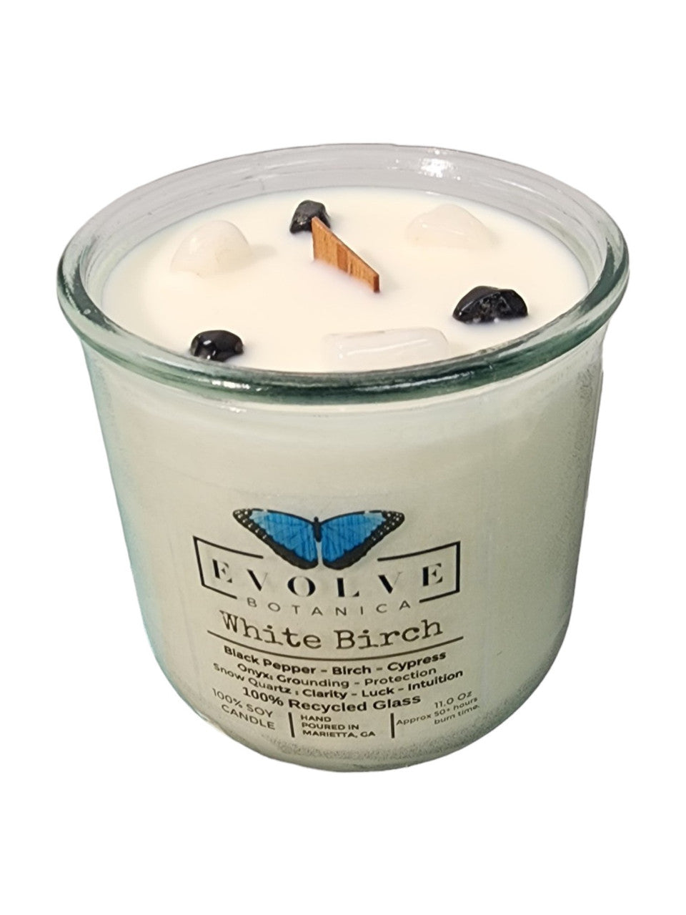 Rocks Candle - White Birch (Wood Wick Snow Quartz & Onyx Gemstone Soy Candle) - Blessings Grow Meadows
