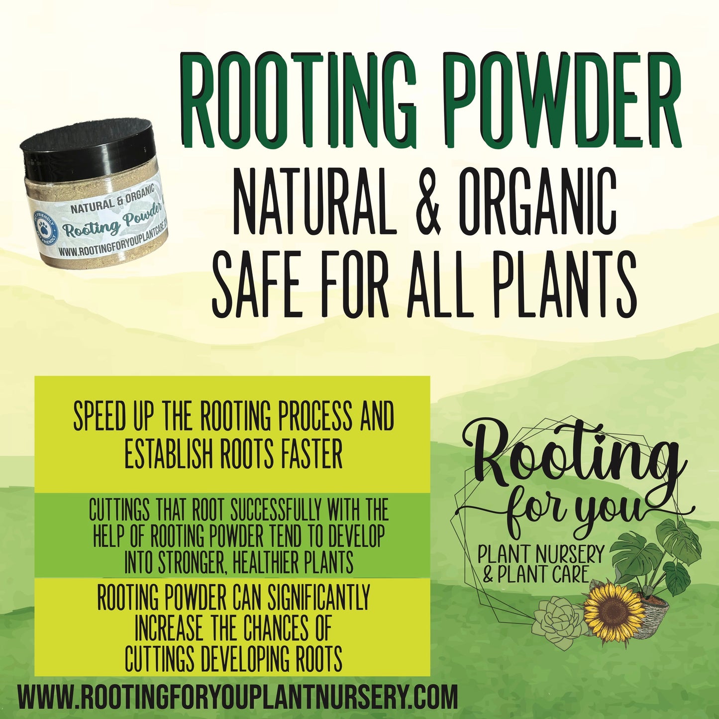 Vegan organic rooting powder from Rooting For You Plant Nursery, suitable for all soil types, used for plant propagation.