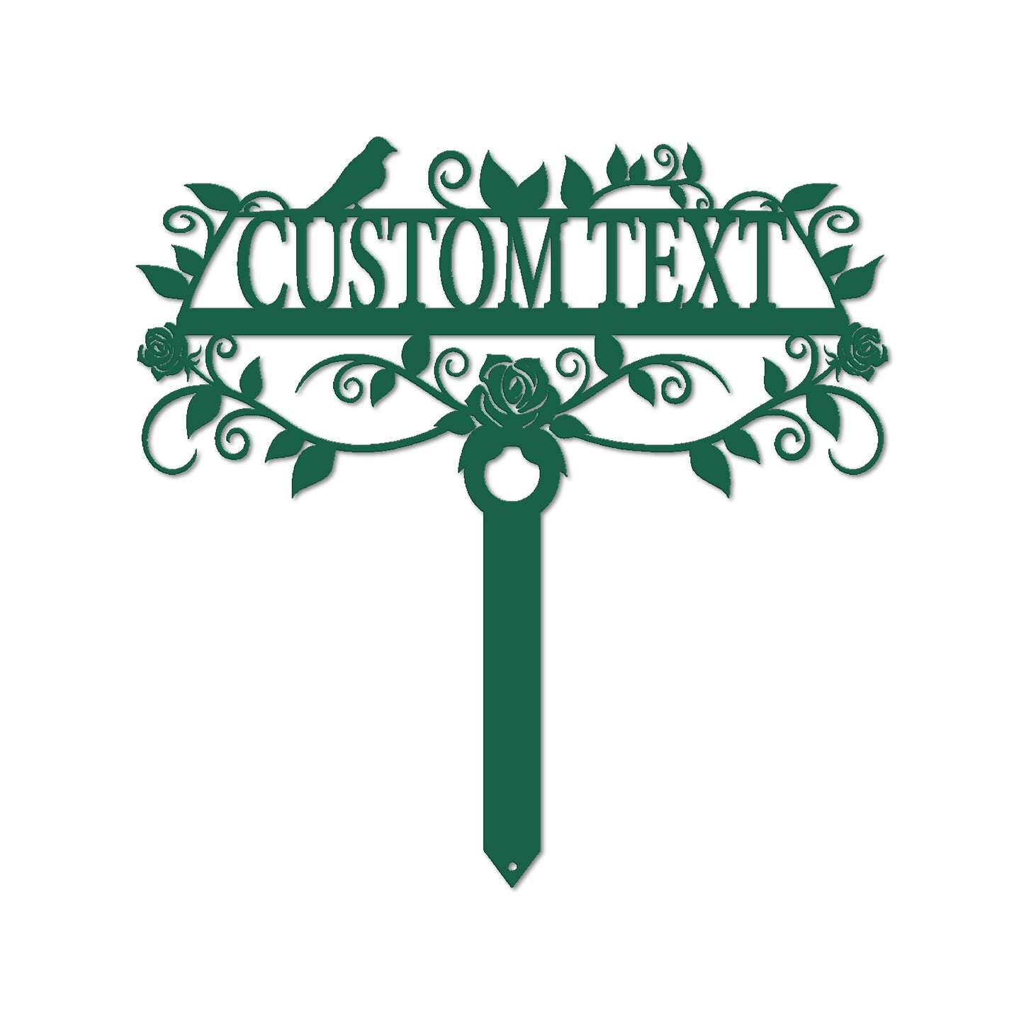 Green custom garden sign with "Rose Garden" text, outdoor patio and garden art by Lewis Design Company.