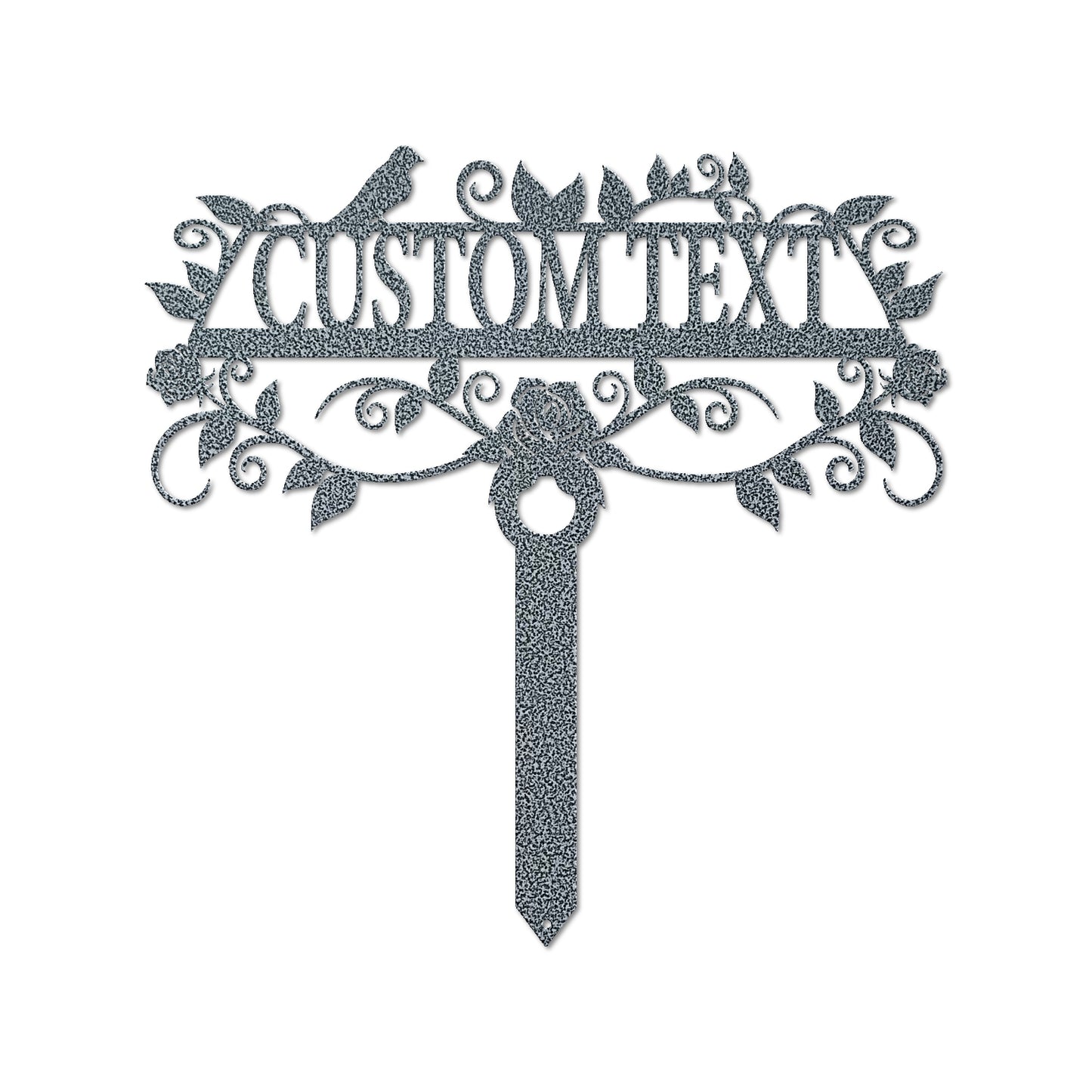 Hammered silver rose garden sign by Lewis Design Company, outdoor garden art for marking a rose garden area.
