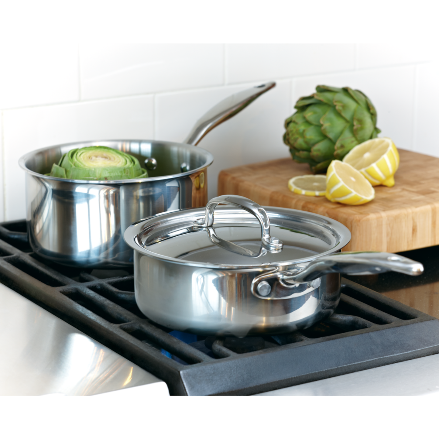 Heritage Steel Titanium Series 3 Quart saucepan with lid, stainless steel cookware for versatile cooking.