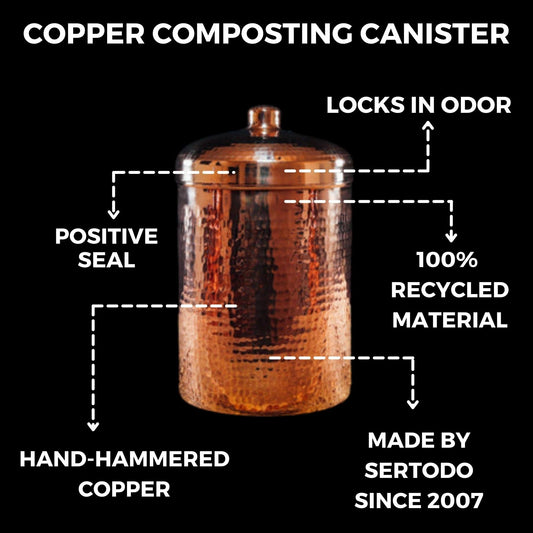 Hand-hammered copper kitchen compost canister by Sertodo, featuring a durable and stylish design for eco-friendly waste storage.