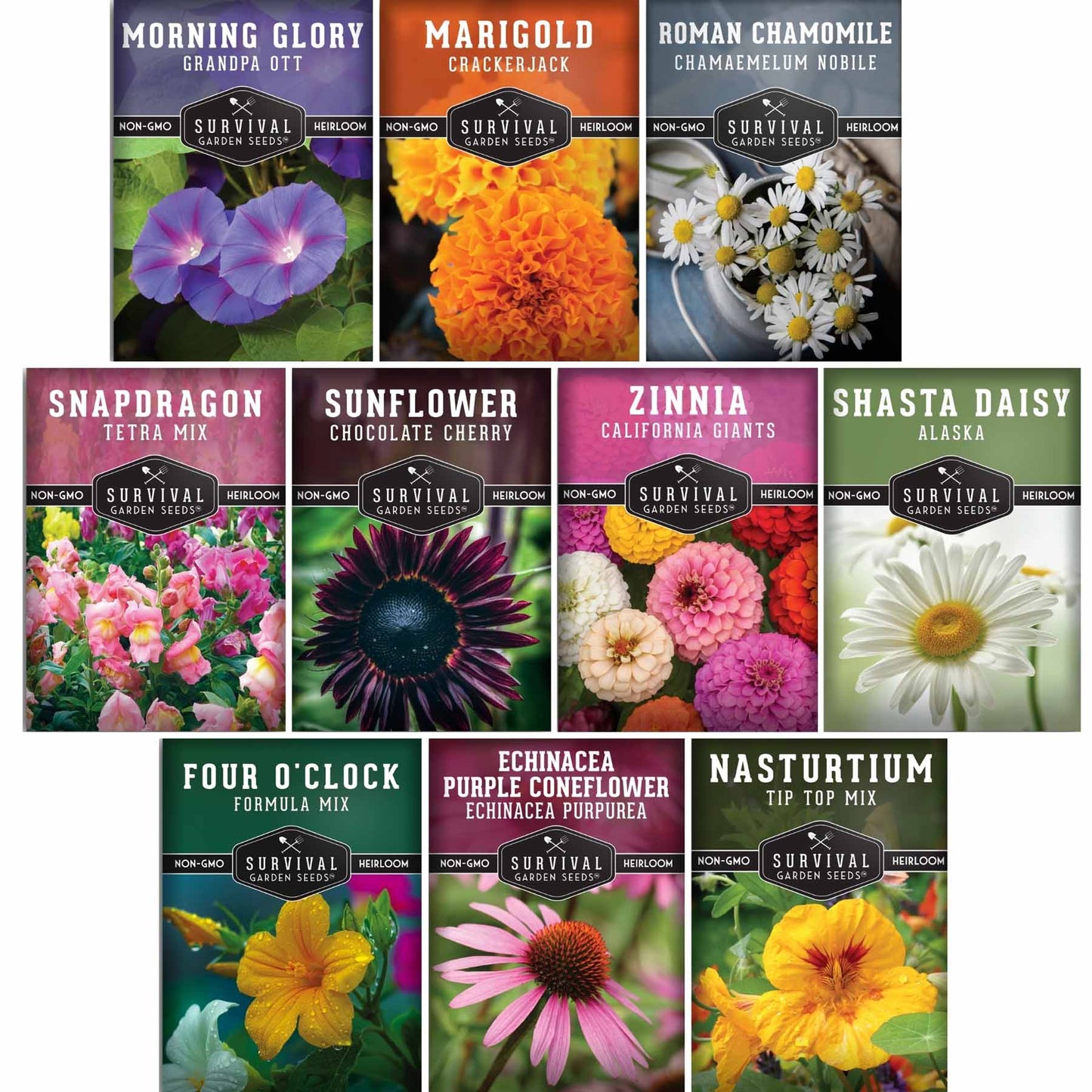 Assorted heirloom flower seeds from SurvivalGardenSeeds, featuring non-GMO annuals and perennials for vibrant, pollinator-friendly gardens.