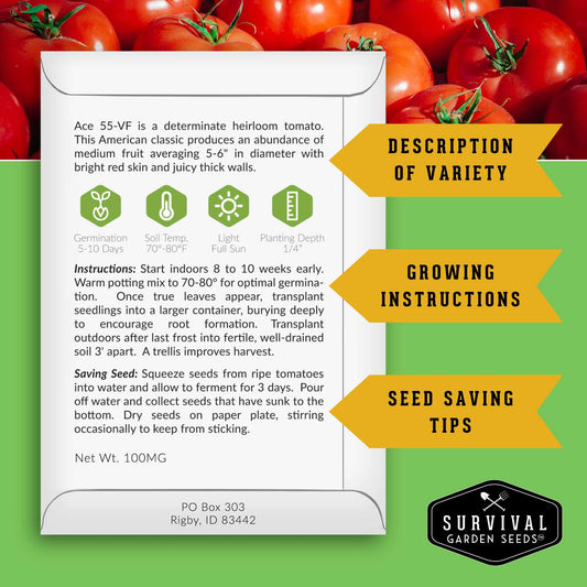 10 heirloom and garden tomato seed packets from SurvivalGardenSeeds, ideal for slicing, sauces, canning, and fresh eating.