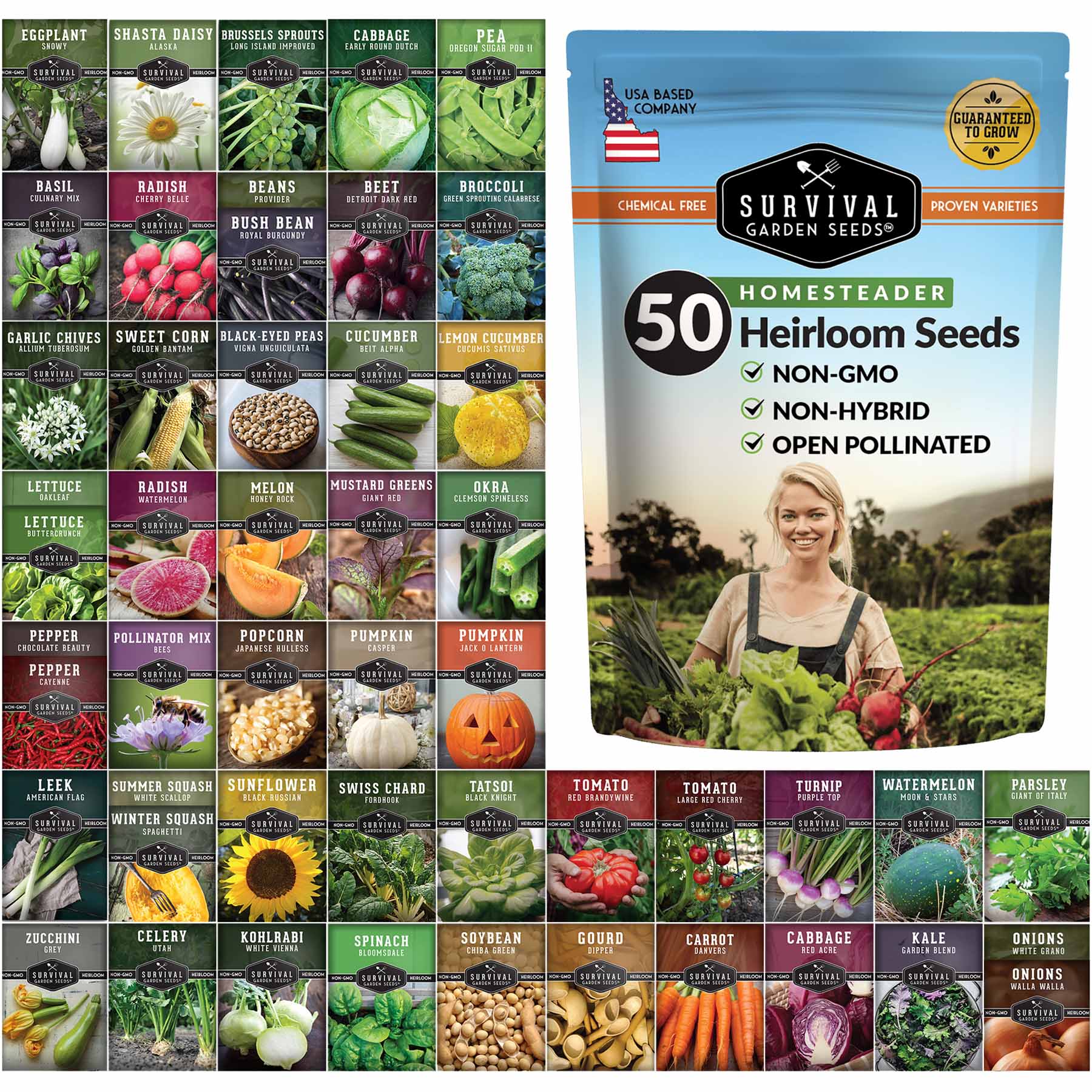 Set of vegetable seeds from SurvivalGardenSeeds' Homestead Garden Collection, including 50 essential seeds for self-reliant living.