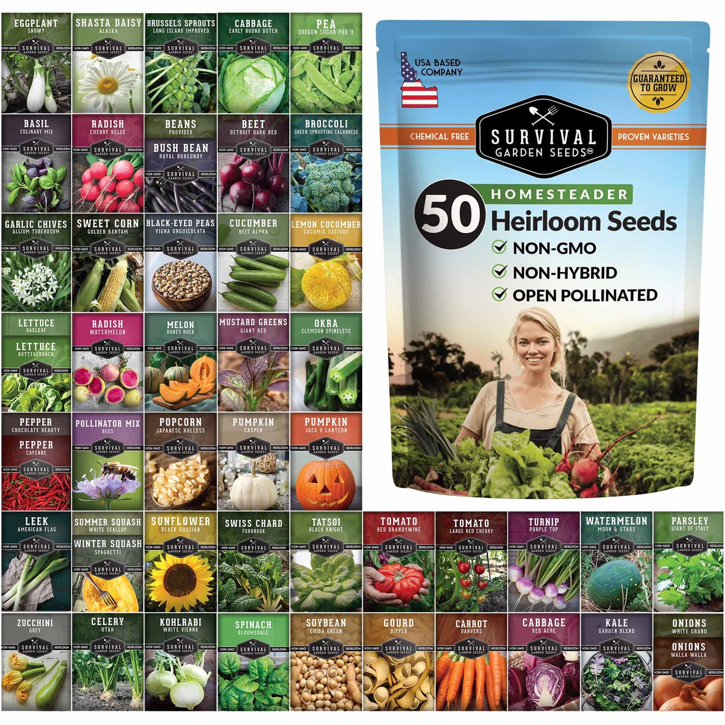Packet of SurvivalGardenSeeds Homestead Garden Collection vegetable seeds, including various essential seeds for self-reliant gardening.