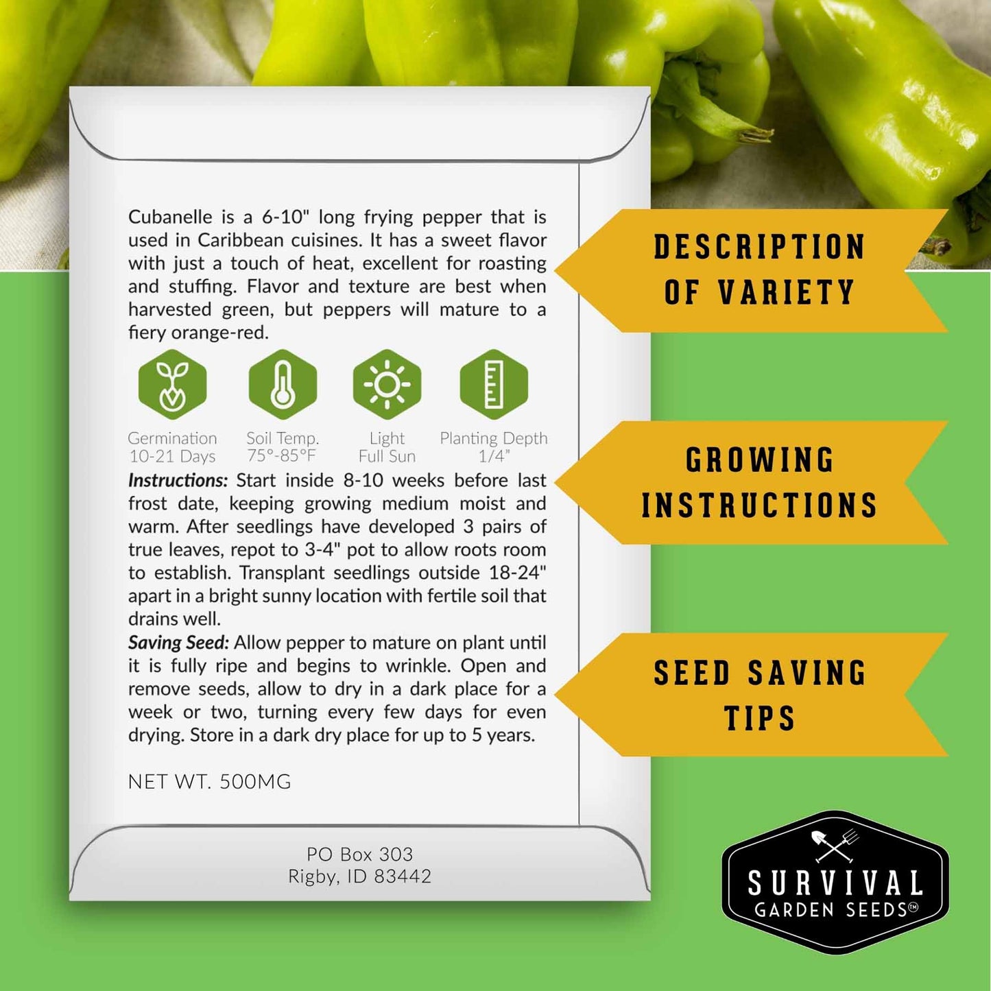 Four pepper seed packets from SurvivalGardenSeeds, heirloom non-GMO hot and sweet peppers for salsas, roasting, and garden harvests.