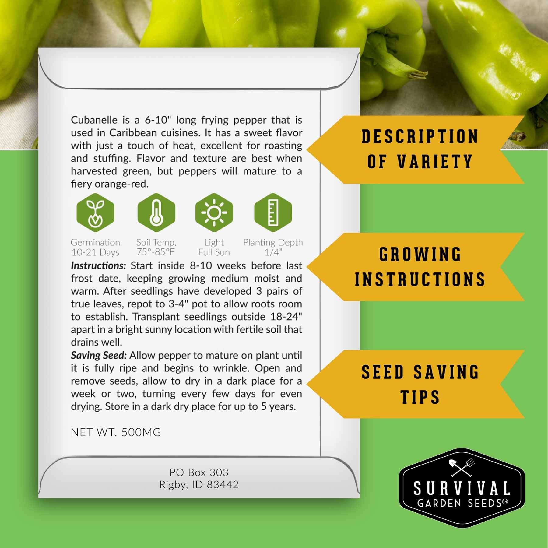 Four pepper seed packets from SurvivalGardenSeeds, heirloom non-GMO hot and sweet peppers for salsas, roasting, and garden harvests.