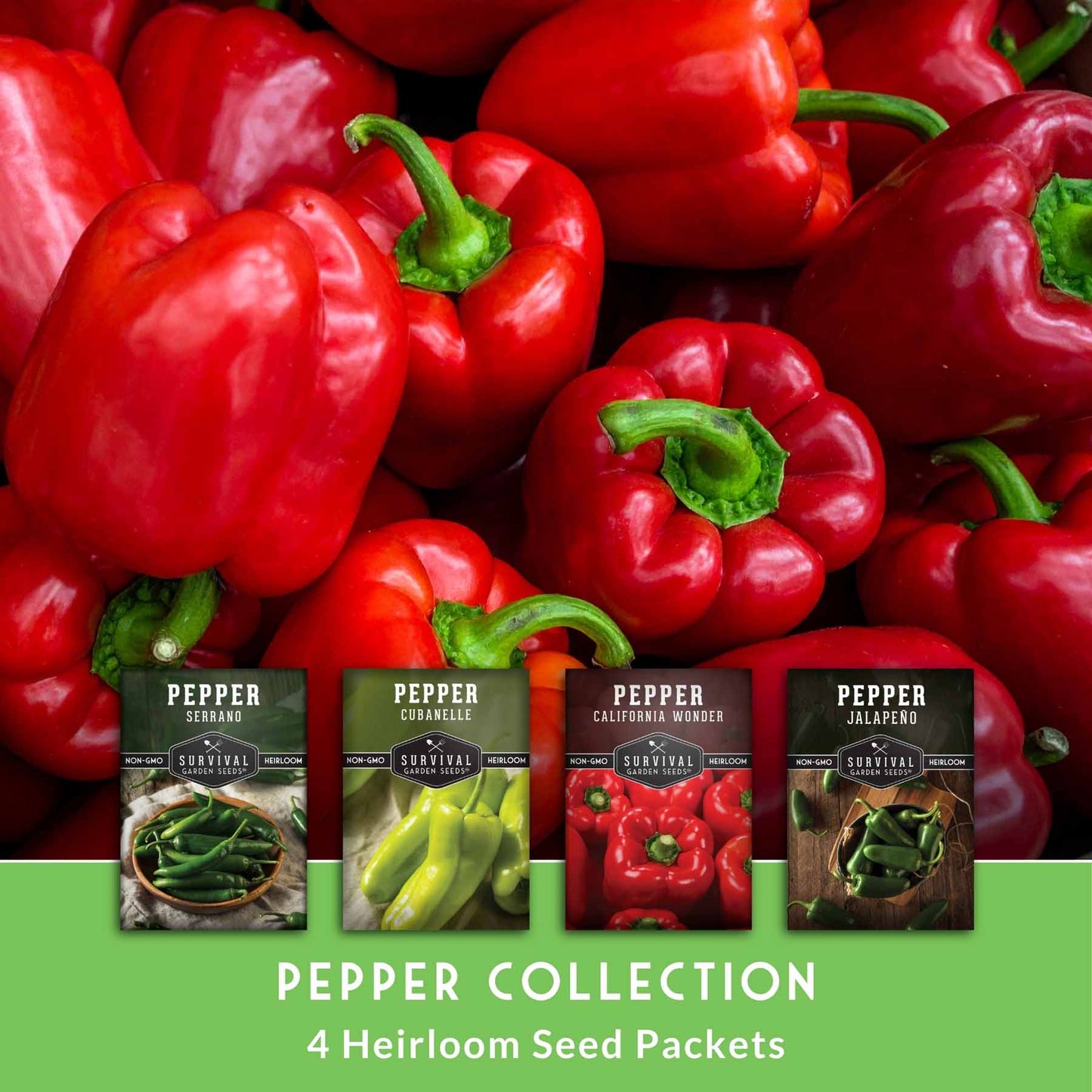 Heirloom non-GMO hot and sweet pepper seeds in a collection for salsas, roasting, and fresh garden harvests.