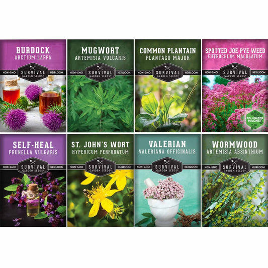 Herbalist Bundle with 8 varieties of heirloom perennial and biennial herb seeds for advanced apothecary gardens.