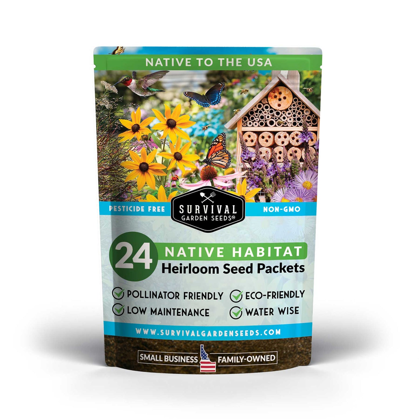 Native Habitat Seed Collection by SurvivalGardenSeeds featuring 24 native wildflower and grass seeds for pollinator-friendly meadows.
