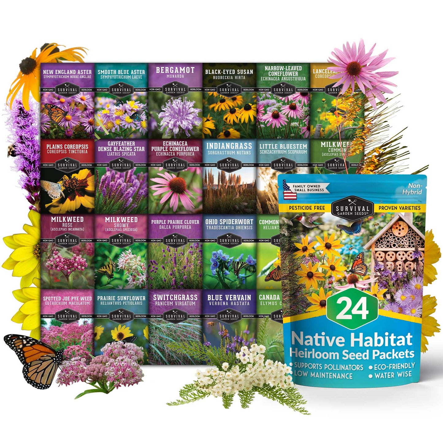 Native Habitat Seed Collection – 24 Native Wildflowers & Grasses for Pollinators, Meadows & Low-Maintenance Landscapes - SurvivalGardenSeeds ~ Blessings Grow Meadows
