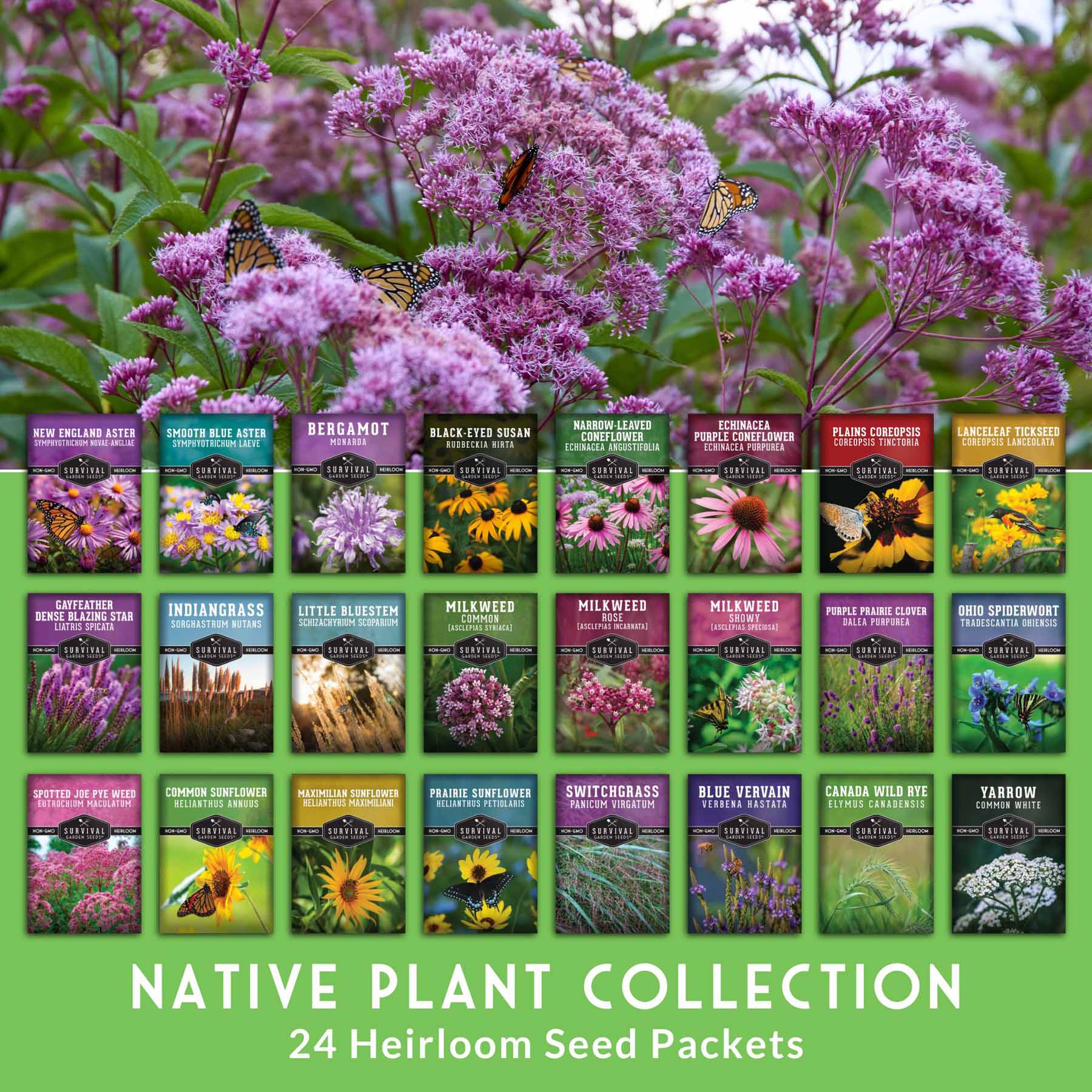 Native Habitat Seed Collection by SurvivalGardenSeeds showing a mix of wildflower and grass seeds for pollinator-friendly meadows