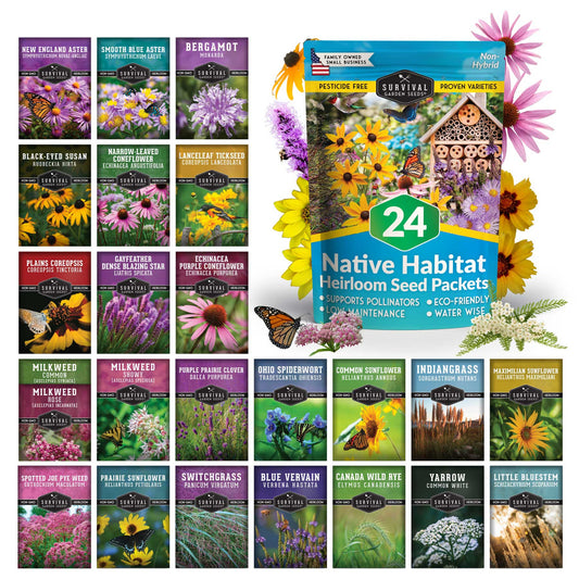 Native Habitat Seed Collection by SurvivalGardenSeeds with 24 native wildflower and grass seeds for pollinators and low-maintenance landscapes.