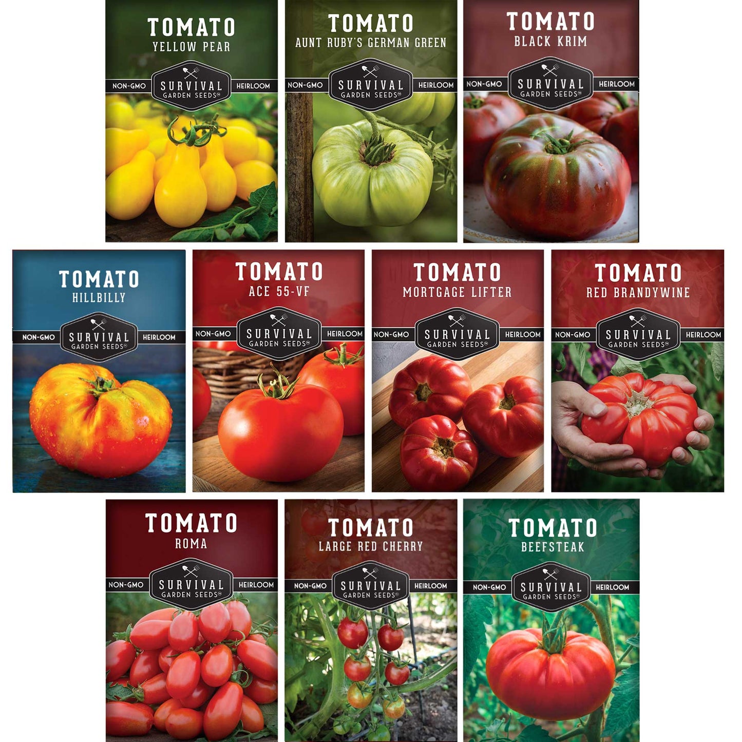 Assorted heirloom and garden tomato seeds from SurvivalGardenSeeds, perfect for slicing, sauces, canning, and fresh eating.