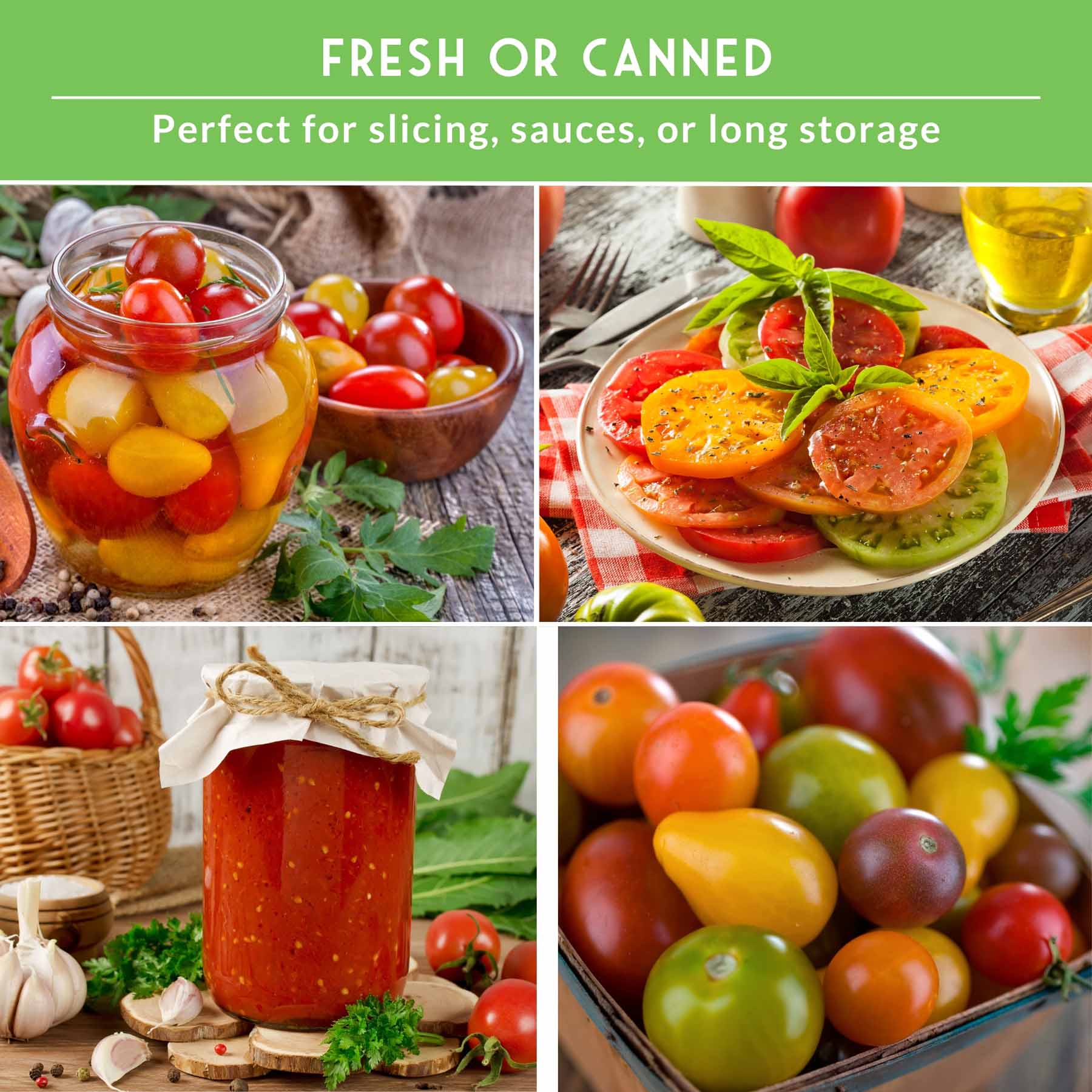 Collection of 10 heirloom tomato seeds from SurvivalGardenSeeds, ideal for slicing, sauces, canning, and fresh eating.