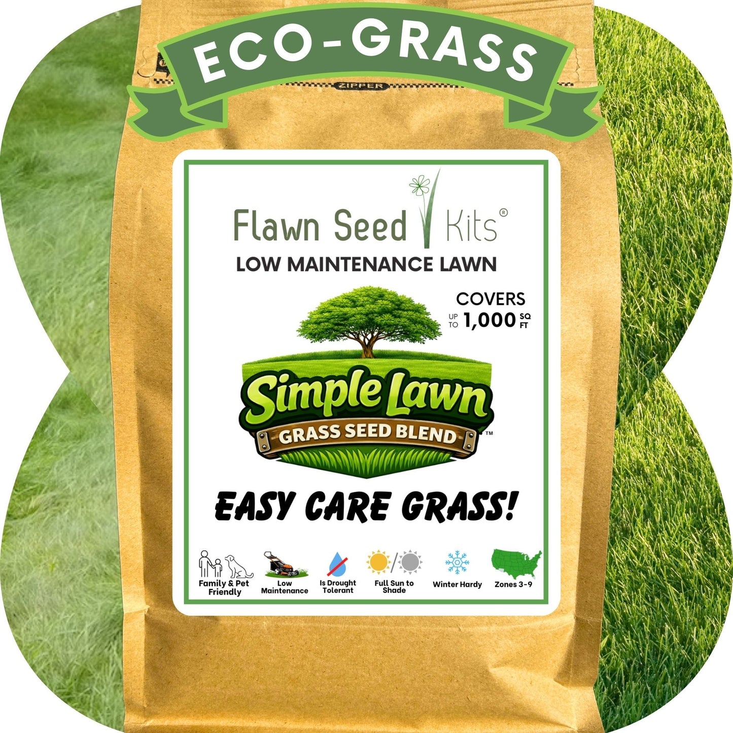 Simple Lawn Fine Fescue Grass Seed from Flawn Seed Kits, showing seed tape for easy lawn planting and lush grass growth.