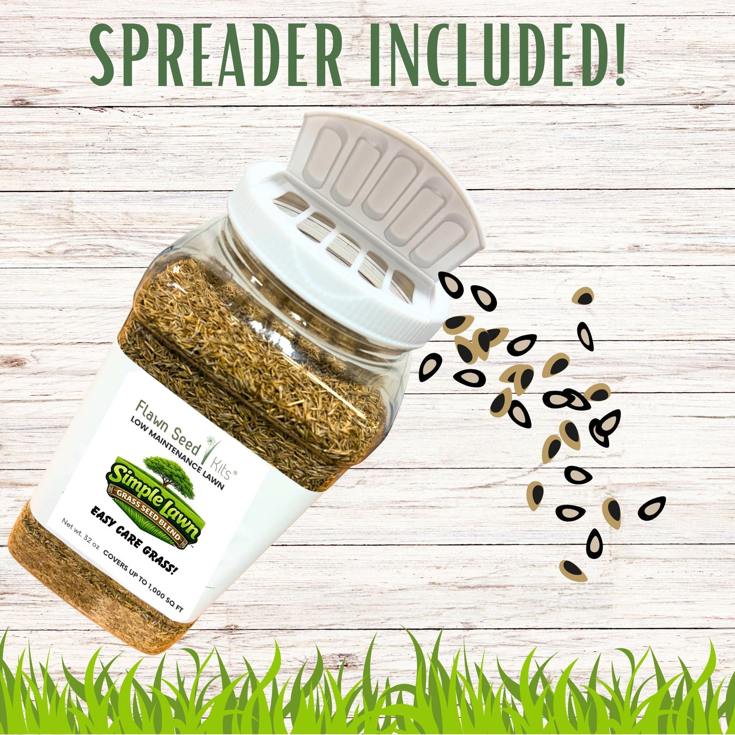 Fine fescue grass seed in a spreader from Flawn Seed Kits, ideal for easy lawn seeding with seed tape and spreading equipment.
