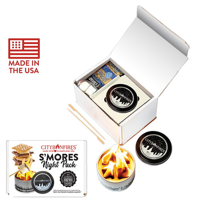City Bonfires S'mores Night Pack outdoors set with marshmallows, chocolate, graham crackers, and roasting sticks for camping or backyard.
