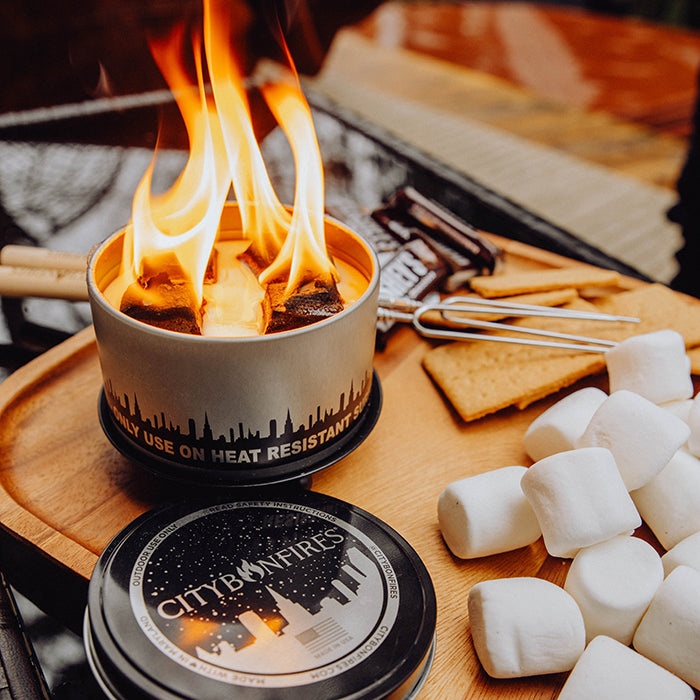 City Bonfires S'mores Night Pack outdoors kit with marshmallows, graham crackers, and chocolate for outdoor s'mores making.