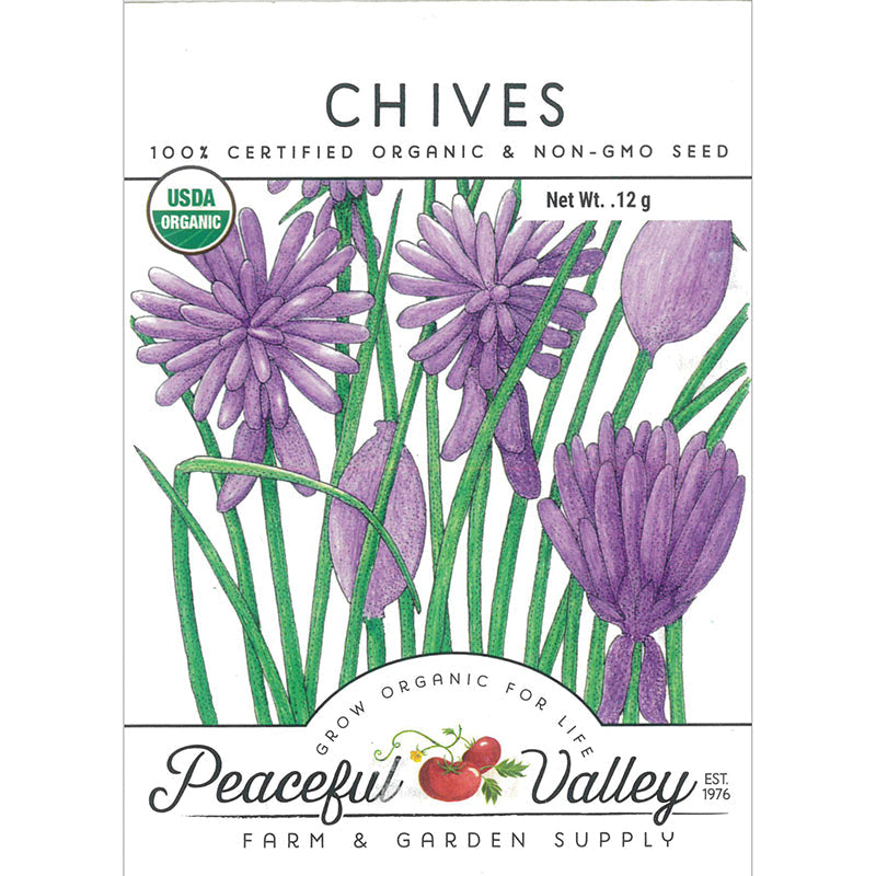 Illustrated seed packet for Chives Seeds (Organic) showcasing purple flowers and green stems. The text reads 100% Certified Organic & Non-GMO vegetable seeds, featuring the USDA Organic logo and Grow Organic branding from Peaceful Valley Farm & Garden Supply. Net weight: 12g.