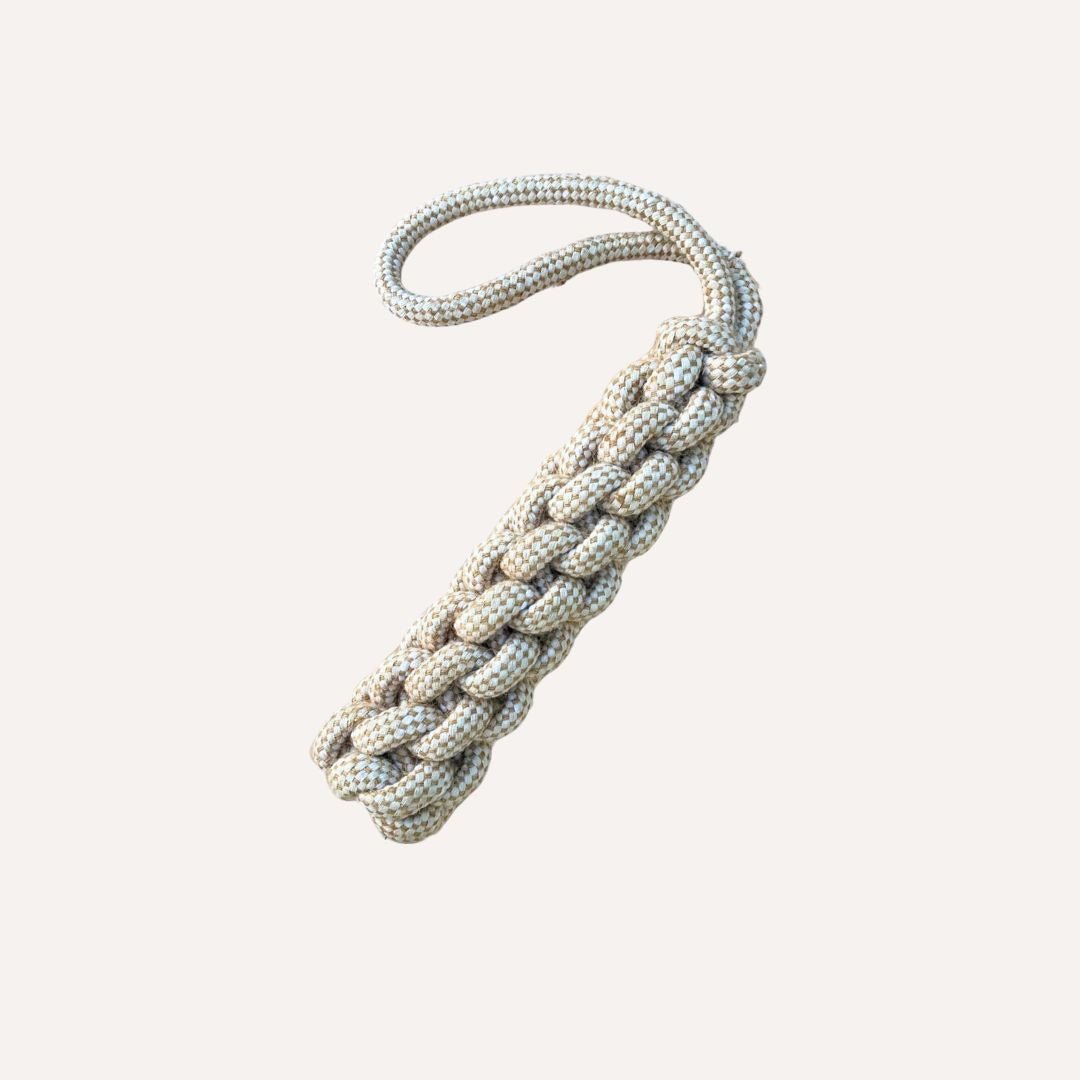 Tilley + Me indestructible hemp dog tug toy made from sustainable, non-toxic hemp rope for dogs to chew and play.