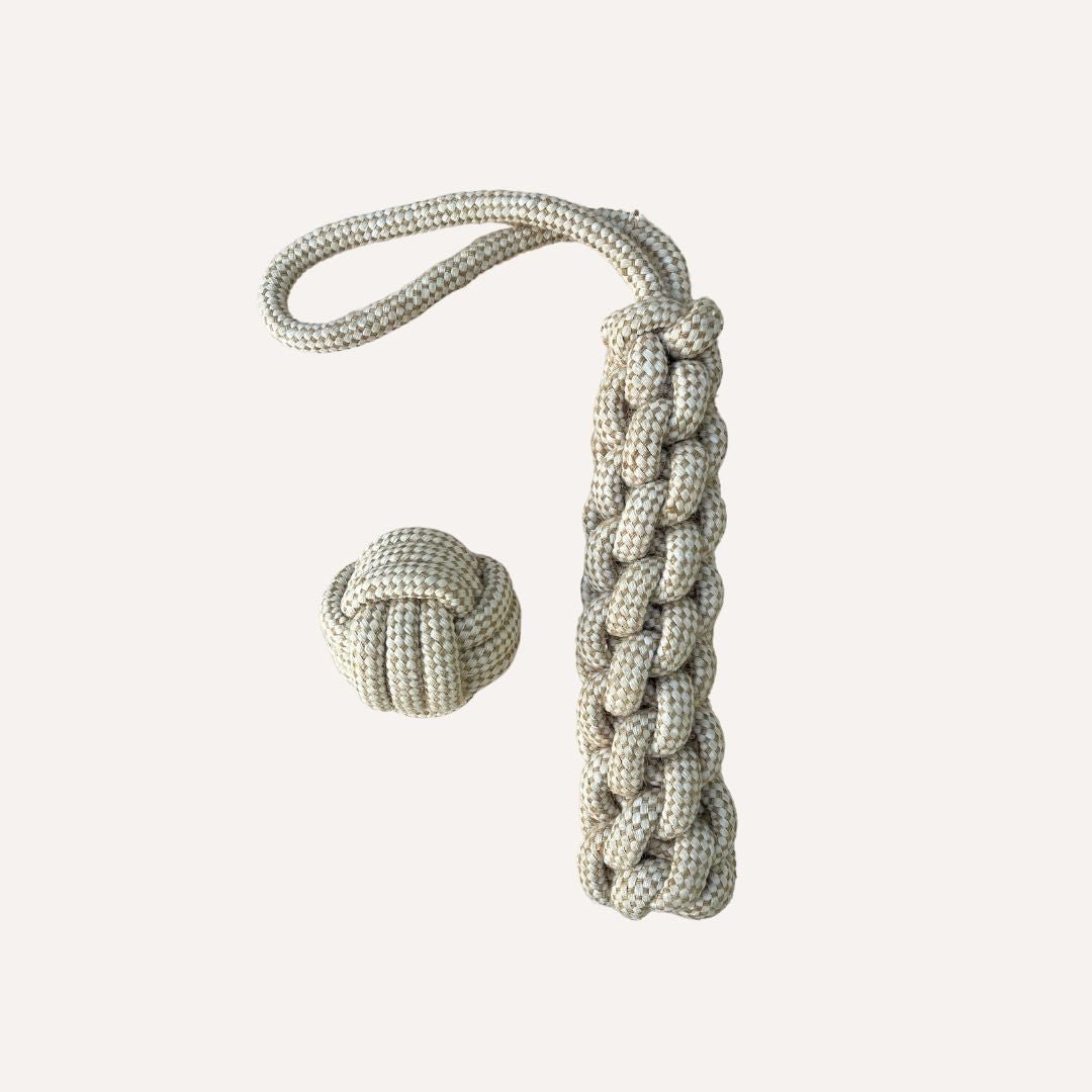 Durable hemp rope tug toy for dogs by Tilley + Me, made from sustainable, non-toxic materials perfect for chewing and playing.